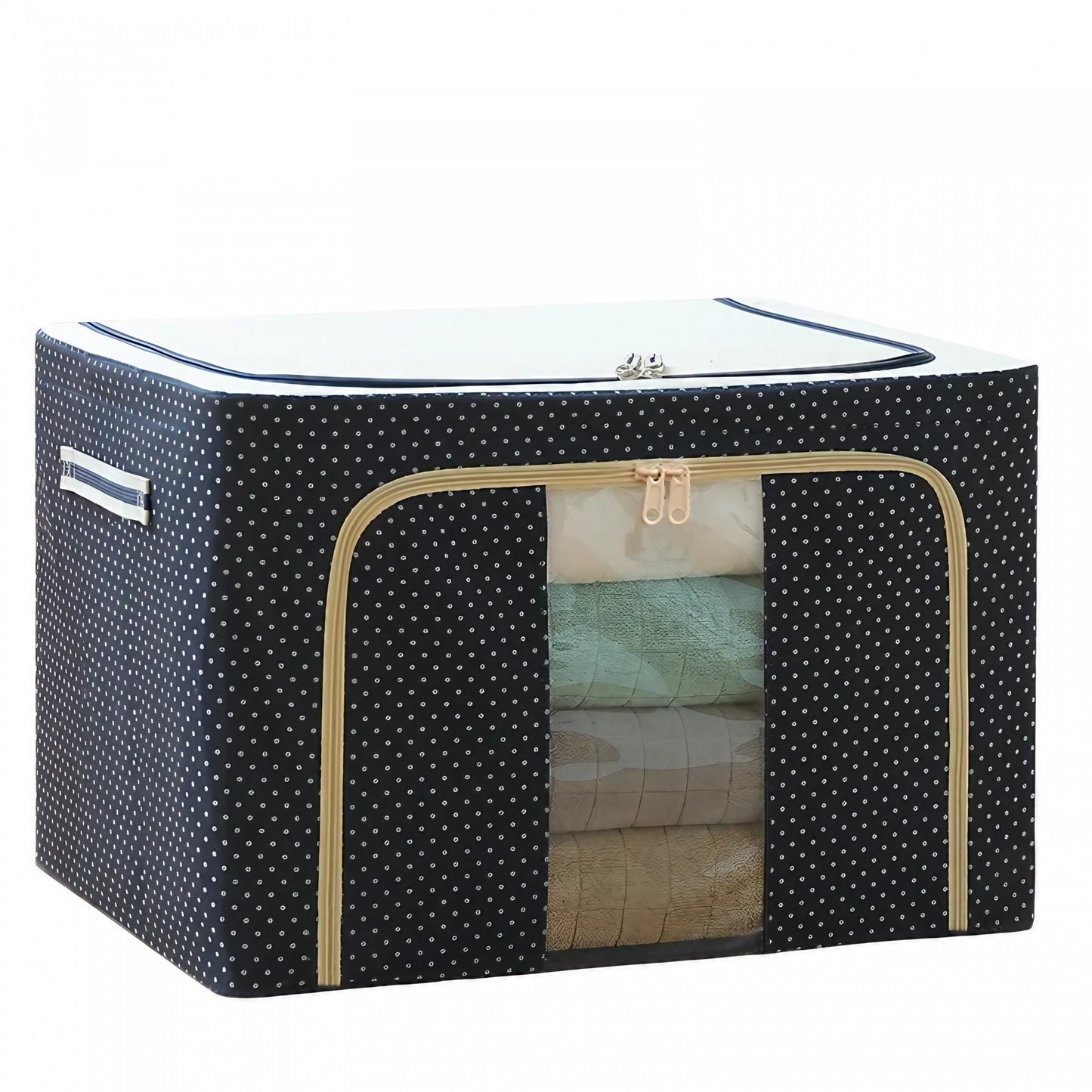 Cutie de Depozitare Pliabila, selexmo, Cu Fermoar, 66 L, Textil, 50 x 40 x 33 cm, Cadru Metalic, Suport Baza Stabil din Plastic, Imprimeu Buline, Albastru Marin