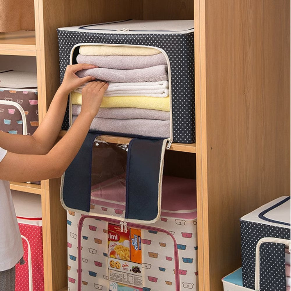 Cutie de Depozitare Pliabila, selexmo, Cu Fermoar, 66 L, Textil, 50 x 40 x 33 cm, Cadru Metalic, Suport Baza Stabil din Plastic, Imprimeu Buline, Albastru Marin