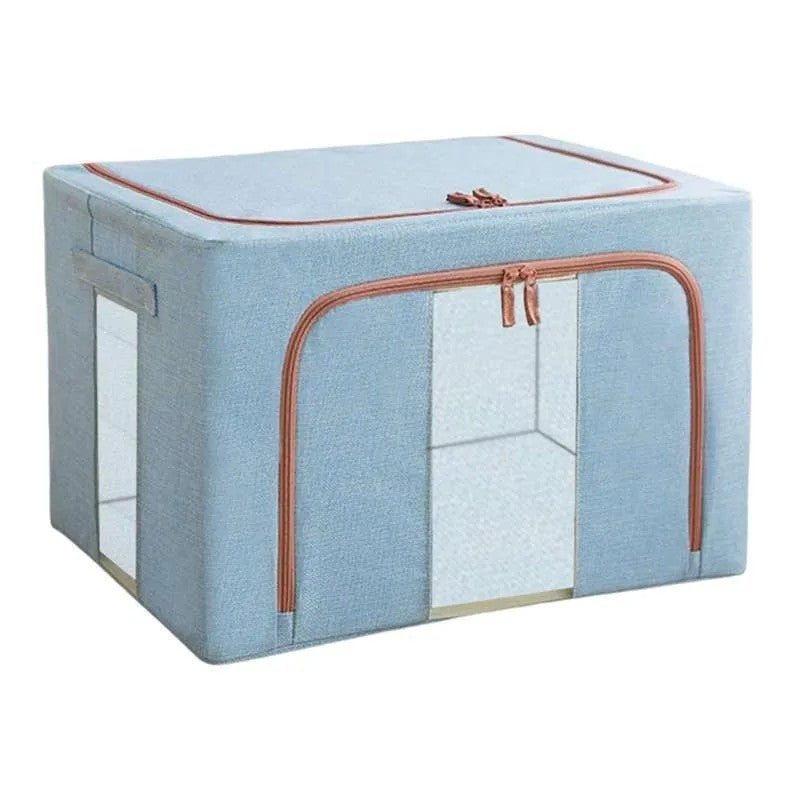 Cutie de Depozitare Pliabila, selexmo, 66 L, din Bumbac si In, 50x40x33 cm, 2 Ferestre, Frontala si Laterala, 2 Usi de Acces cu Fermoar Bidirectional, Cadru Metalic, Suport Baza Stabil din Plastic, Bleu