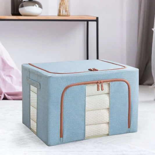 Cutie de Depozitare Pliabila, selexmo, 66 L, din Bumbac si In, 50x40x33 cm, 2 Ferestre, Frontala si Laterala, 2 Usi de Acces cu Fermoar Bidirectional, Cadru Metalic, Suport Baza Stabil din Plastic, Bleu