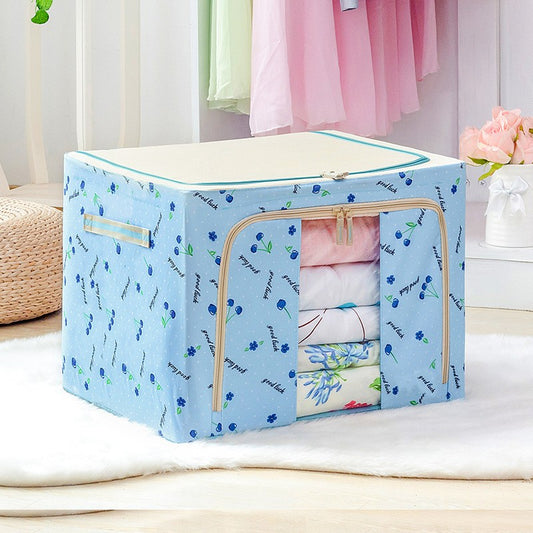 Cutie de Depozitare Pliabila, selexmo, 66 L, din Tesatura Oxford, 50x40x33 cm, Fereastra Frontala, 2 Usi de Acces cu Fermoar Bidirectional, Cadru Metalic, Suport Baza Stabil din Plastic, Imprimeu Cirese, Albastru