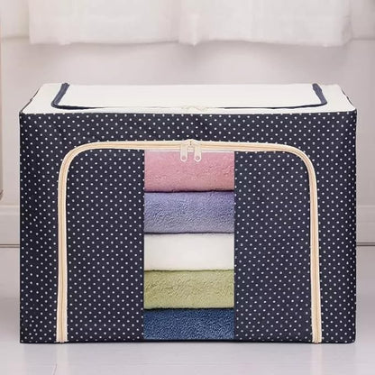 Cutie de Depozitare Pliabila, selexmo, 66 L, din Panza Oxford, 50x40x33 cm, 2 Ferestre, Frontala si Laterala, 2 Usi de Acces cu Fermoar Bidirectional, Cadru Metalic, Suport Baza Stabil din Plastic, Imprimeu Buline, Albastru Marin