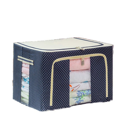 Cutie de Depozitare Pliabila, selexmo, 66 L, din Panza Oxford, 50x40x33 cm, 2 Ferestre, Frontala si Laterala, 2 Usi de Acces cu Fermoar Bidirectional, Cadru Metalic, Suport Baza Stabil din Plastic, Imprimeu Buline, Albastru Marin