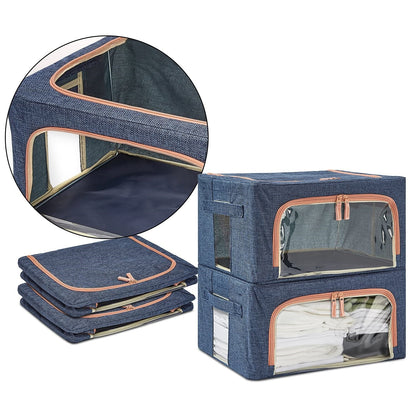Cutie de depozitare pliabila, selexmo, Cu fermoar, 66 L, Textil, 50x40x33 cm, Albastru Marin, Cadru Metalic, Suport Baza Stabil din Plastic, Cu doua ferestre