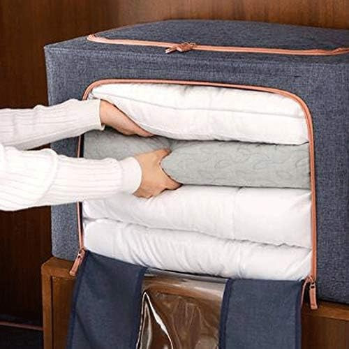 Cutie de depozitare pliabila, selexmo, Cu fermoar, 66 L, Textil, 50x40x33 cm, Albastru Marin, Cadru Metalic, Suport Baza Stabil din Plastic, Cu doua ferestre