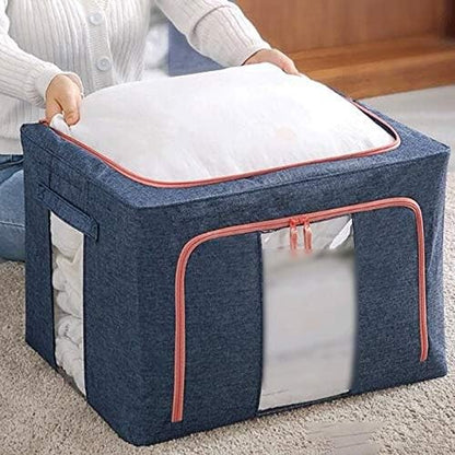 Cutie de depozitare pliabila, selexmo, Cu fermoar, 66 L, Textil, 50x40x33 cm, Albastru Marin, Cadru Metalic, Suport Baza Stabil din Plastic, Cu doua ferestre