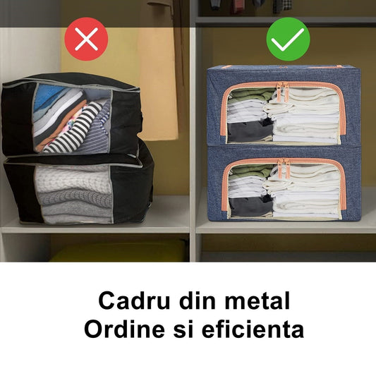 Cutie de depozitare pliabila, selexmo, Cu fermoar, 66 L, Textil, 50x40x33 cm, Albastru Marin, Cadru Metalic, Suport Baza Stabil din Plastic, Cu doua ferestre