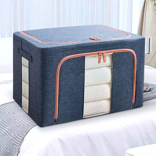 Cutie de depozitare pliabila, selexmo, Cu fermoar, 66 L, Textil, 50x40x33 cm, Albastru Marin, Cadru Metalic, Suport Baza Stabil din Plastic, Cu doua ferestre