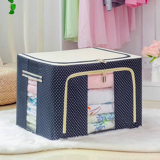 Cutie de Depozitare Pliabila, selexmo, 66 L, din Panza Oxford, 50x40x33 cm, 2 Ferestre, Frontala si Laterala, 2 Usi de Acces cu Fermoar Bidirectional, Cadru Metalic, Suport Baza Stabil din Plastic, Imprimeu Buline, Albastru Marin