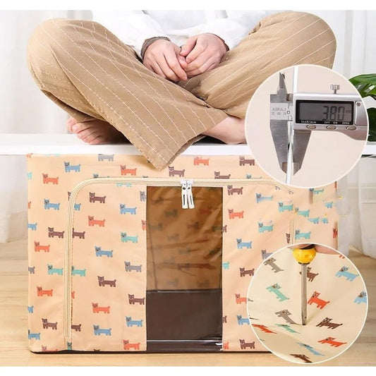 Cutie de Depozitare Pliabila, selexmo, 66 L, Panza Oxford, 50x40x33 cm, Fereastra Frontala, 2 Usi de Acces cu Fermoar Bidirectional, Cadru Metalic, Suport Baza Stabil din Plastic, Imprimeu Catelus, Bej