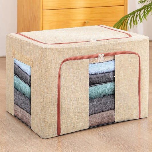 Cutie de Depozitare Pliabila, selexmo, 66 L, din Bumbac si In, 50x40x33 cm, 2 Ferestre, Frontala si Laterala, 2 Usi de Acces cu Fermoar Bidirectional, Cadru Metalic, Suport Baza Stabil din Plastic, Bej