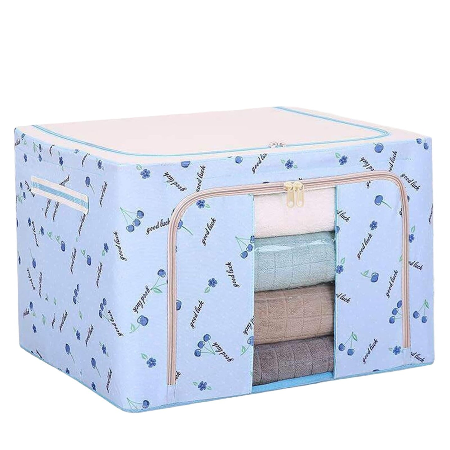 Cutie de Depozitare Pliabila, selexmo, Cu Fermoar, 66 L, Textil, 50x40x33 cm, cu 2 Ferestre, Cadru Metalic, Suport Baza Stabil din Plastic, Imprimeu Cirese, Albastru