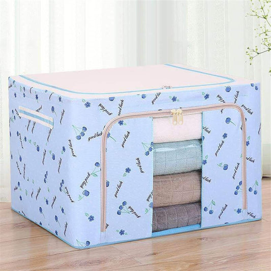 Cutie de Depozitare Pliabila, selexmo, Cu Fermoar, 66 L, Textil, 50x40x33 cm, cu 2 Ferestre, Cadru Metalic, Suport Baza Stabil din Plastic, Imprimeu Cirese, Albastru