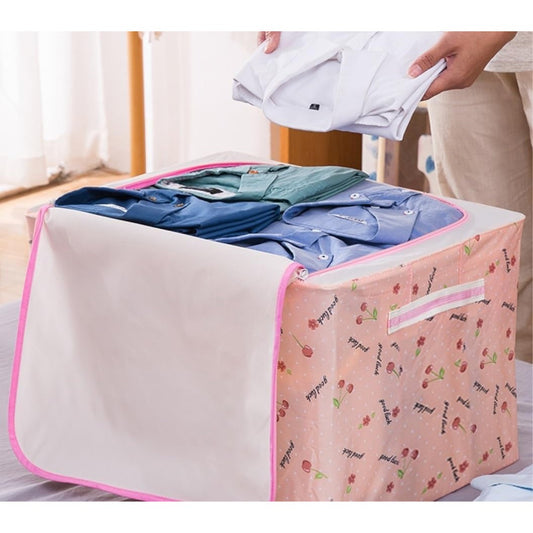 Cutie de Depozitare Pliabila, selexmo, Cu Fermoar, 66 L, Textil, 50x40x33 cm, cu Fereastra, Cadru Metalic, Suport Baza Stabil din Plastic, Imprimeu Cirese, Roz