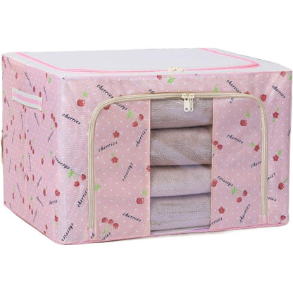 Cutie de Depozitare Pliabila, selexmo, Cu Fermoar, 66 L, Textil, 50x40x33 cm, cu Fereastra, Cadru Metalic, Suport Baza Stabil din Plastic, Imprimeu Cirese, Roz