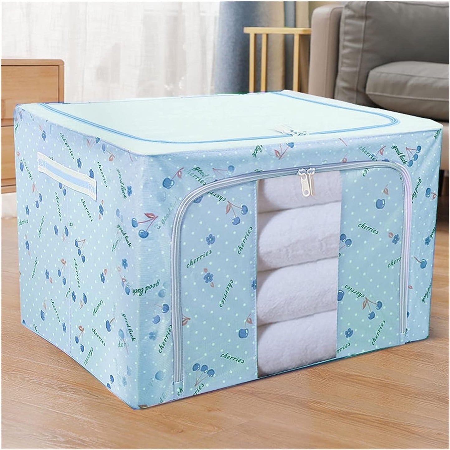Cutie de Depozitare Pliabila, selexmo, Cu Fermoar, 66 L, Textil, 50x40x33 cm, cu 2 Ferestre, Cadru Metalic, Suport Baza Stabil din Plastic, Imprimeu Cirese, Albastru