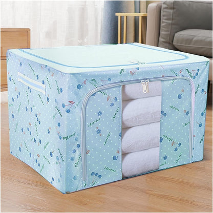 Cutie de Depozitare Pliabila, selexmo, Cu Fermoar, 66 L, Textil, 50x40x33 cm, cu 2 Ferestre, Cadru Metalic, Suport Baza Stabil din Plastic, Imprimeu Cirese, Albastru