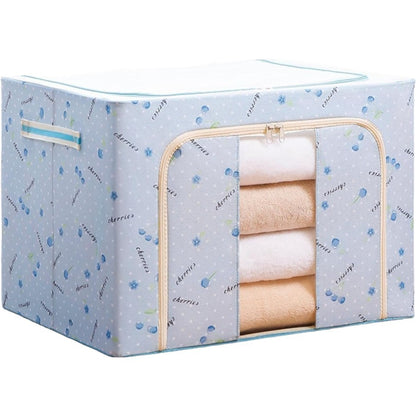 Cutie de Depozitare Pliabila, selexmo, Cu Fermoar, 66 L, Textil, 50x40x33 cm, cu 2 Ferestre, Cadru Metalic, Suport Baza Stabil din Plastic, Imprimeu Cirese, Albastru
