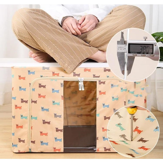 Cutie de Depozitare Pliabila, selexmo, 66 L, Panza Oxford, 50x40x33 cm, Fereastra Frontala, 2 Usi de Acces cu Fermoar Bidirectional, Cadru Metalic, Suport Baza Stabil din Plastic, Imprimeu Catelus, Bej