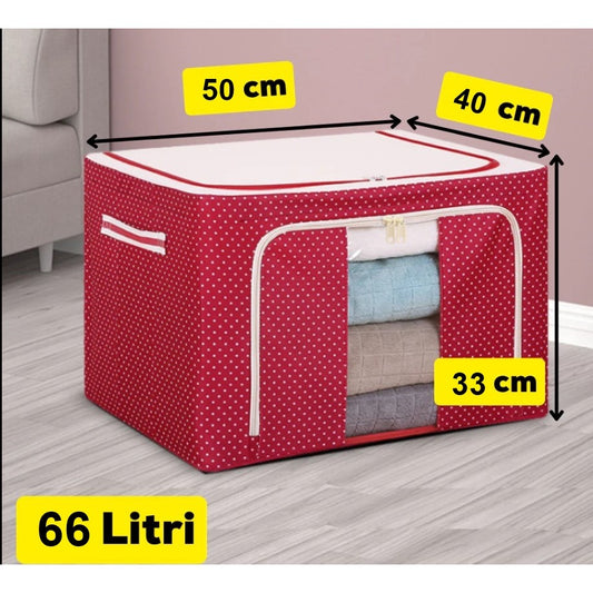 Cutie de Depozitare Pliabila, selexmo, 66 L, din Tesatura Oxford, 50x40x33 cm, Fereastra Frontala, 2 Usi de Acces cu Fermoar Bidirectional, Cadru Metalic, Suport Baza Stabil din Plastic, Imprimeu Buline, Rosu