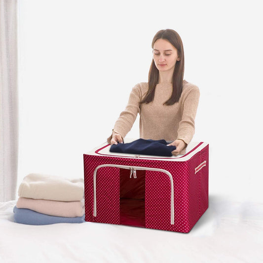 Cutie de Depozitare Pliabila, selexmo, 66 L, din Tesatura Oxford, 50x40x33 cm, Fereastra Frontala, 2 Usi de Acces cu Fermoar Bidirectional, Cadru Metalic, Suport Baza Stabil din Plastic, Imprimeu Buline, Rosu