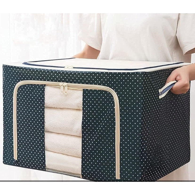 Cutie de Depozitare Pliabila, selexmo, Cu Fermoar, 66 L, Textil, 50 x 40 x 33 cm, Cadru Metalic, Suport Baza Stabil din Plastic, Imprimeu Buline, Albastru Marin
