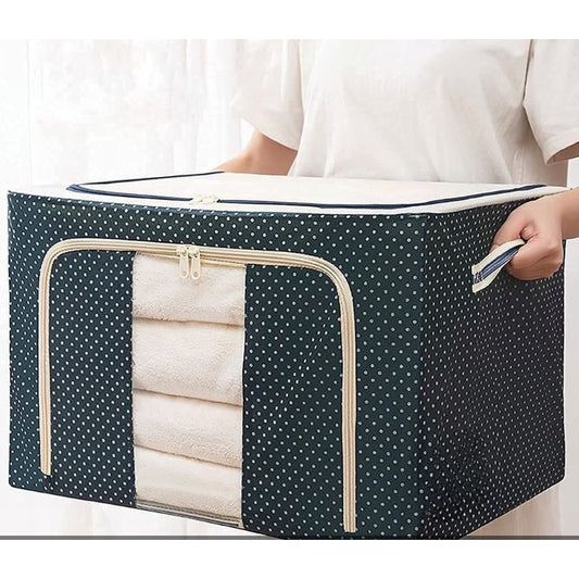 Cutie de Depozitare Pliabila, selexmo, Cu Fermoar, 66 L, Textil, 50 x 40 x 33 cm, Cadru Metalic, Suport Baza Stabil din Plastic, Imprimeu Buline, Albastru Marin