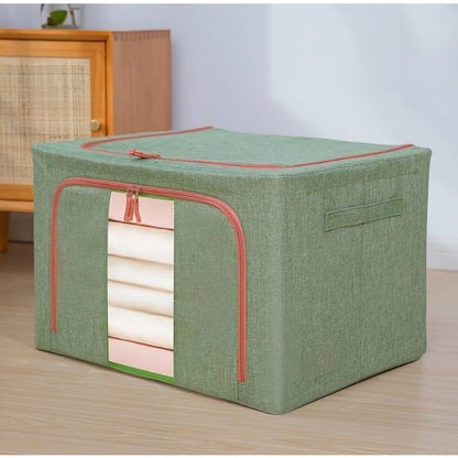 Cutie de Depozitare Pliabila, selexmo, Cu fermoar Bidirectional, 66 L, Textil, 50x40x33 cm, Cadru Metalic, o Fereastra, Suport Baza Stabil din Plastic, Verde