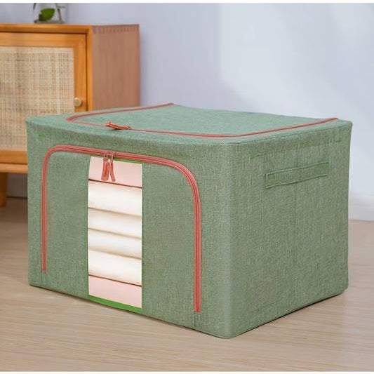 Cutie de Depozitare Pliabila, selexmo, Cu fermoar Bidirectional, 66 L, Textil, 50x40x33 cm, Cadru Metalic, o Fereastra, Suport Baza Stabil din Plastic, Verde