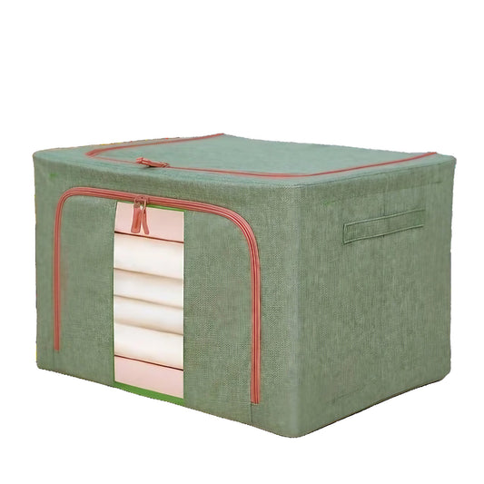 Cutie de Depozitare Pliabila, selexmo, Cu fermoar Bidirectional, 66 L, Textil, 50x40x33 cm, Cadru Metalic, o Fereastra, Suport Baza Stabil din Plastic, Verde