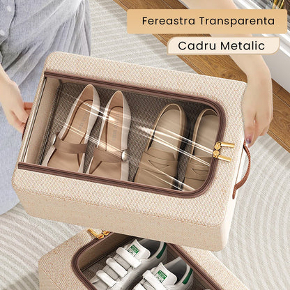 Cutie Depozitare cu Cadru Metalic, selexmo, pentru Incaltaminte, Haine, Lingerie, Fermoar Calitativ, Fereastra Transparenta, Manere Laterale, 40 x 30 x 15 cm Bej