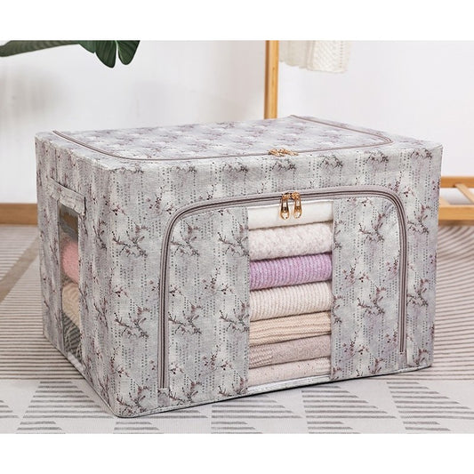 Cutie Depozitare, selexmo, 66L, din Material Textil, 50 x 40 x 33 cm, pentru Haine si Lenjerii, Model Flori de Primavara, Gri