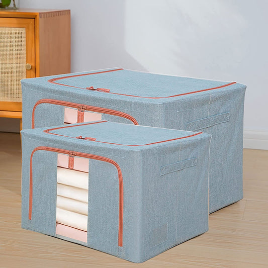 Cutie de Depozitare Pliabila, selexmo, 24 L, din Bumbac si In, 40x30x20 cm, Fereastra Frontala, 2 Usi de Acces cu Fermoar Bidirectional, Cadru Metalic, Suport Baza Stabil din Plastic, Bleu