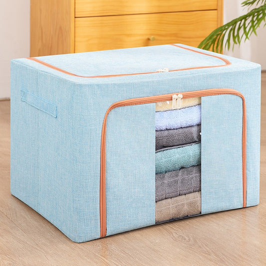 Cutie de Depozitare Pliabila, selexmo, 24 L, din Bumbac si In, 40x30x20 cm, Fereastra Frontala, 2 Usi de Acces cu Fermoar Bidirectional, Cadru Metalic, Suport Baza Stabil din Plastic, Bleu