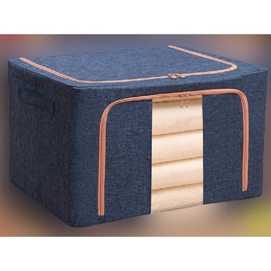 Cutie de Depozitare Pliabila, selexmo, 24 L, din Bumbac si In, 40x30x20 cm, Fereastra Frontala, 2 Usi de Acces cu Fermoar Bidirectional, Cadru Metalic, Suport Baza Stabil din Plastic, Albastru Marin