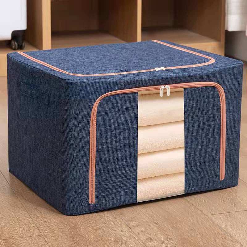 Cutie de Depozitare Pliabila, selexmo, 24 L, din Bumbac si In, 40x30x20 cm, Fereastra Frontala, 2 Usi de Acces cu Fermoar Bidirectional, Cadru Metalic, Suport Baza Stabil din Plastic, Albastru Marin