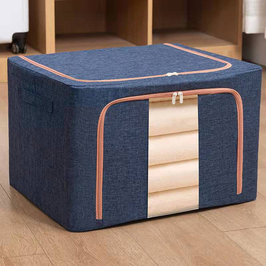 Cutie de Depozitare Pliabila, selexmo, 24 L, din Bumbac si In, 40x30x20 cm, Fereastra Frontala, 2 Usi de Acces cu Fermoar Bidirectional, Cadru Metalic, Suport Baza Stabil din Plastic, Albastru Marin
