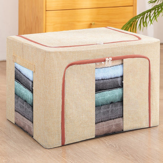Cutie de Depozitare Pliabila, selexmo, 24 L, din Bumbac si In, 40x30x20 cm, 2 Ferestre, Frontala si Laterala, 2 Usi de Acces cu Fermoar Bidirectional, Cadru Metalic, Suport Baza Stabil din Plastic, Bej