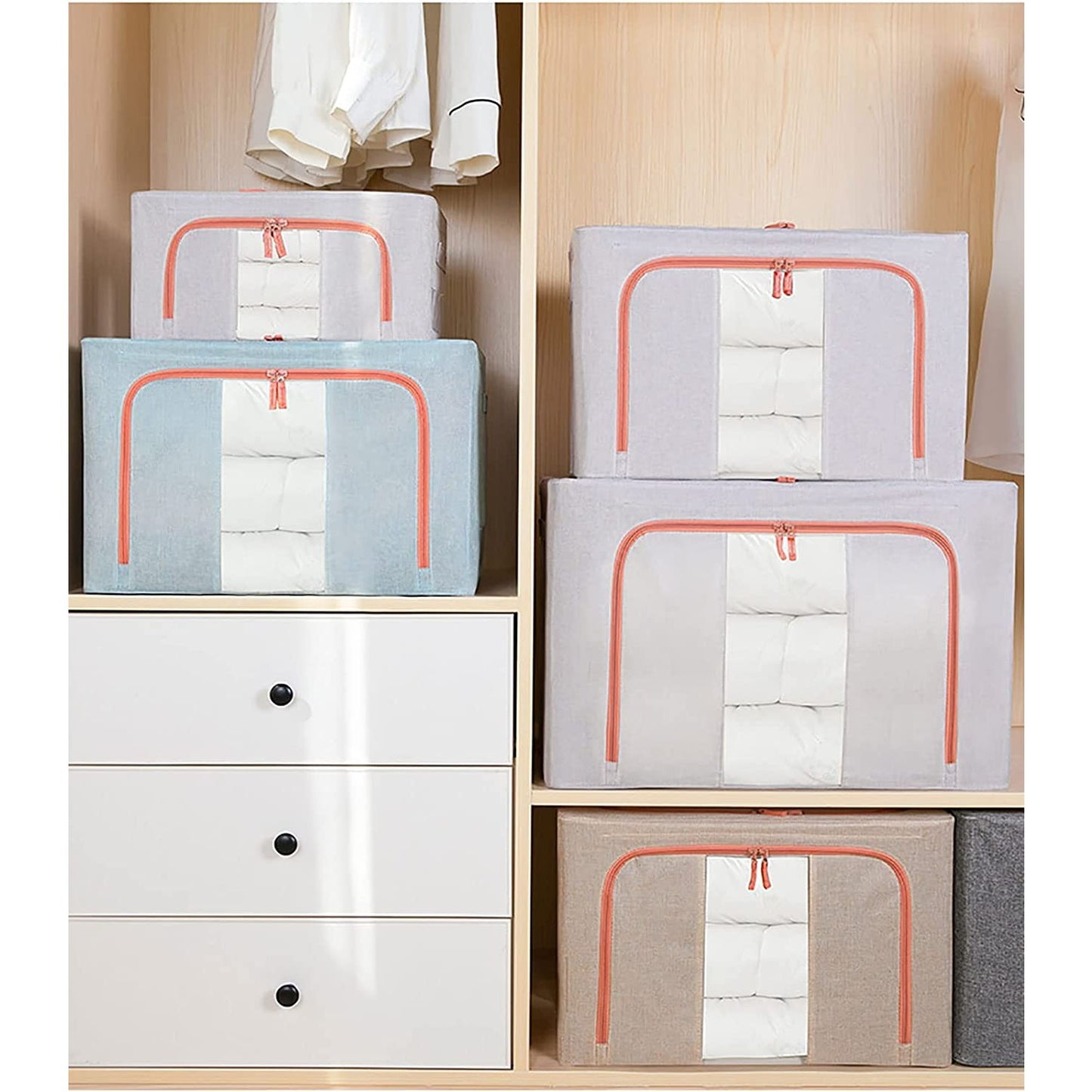 Cutie de Depozitare Pliabila, selexmo, 66 L, din Bumbac si In, 50x40x33 cm, Fereastra Frontala Transparenta, 2 Usi de Acces cu Fermoar Bidirectional, Cadru Metalic, Suport Baza Stabil din Plastic, Bleu