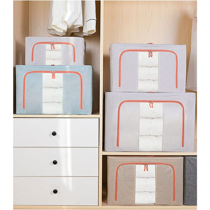 Cutie de Depozitare Pliabila, selexmo, 66 L, din Bumbac si In, 50x40x33 cm, Fereastra Frontala Transparenta, 2 Usi de Acces cu Fermoar Bidirectional, Cadru Metalic, Suport Baza Stabil din Plastic, Bleu