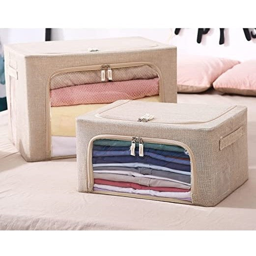 Cutie de depozitare pliabila, selexmo, Cu fermoar, 66 L, Textil, 50x40x33 cm, Cadru Metalic, Suport Baza Stabil din Plastic, Crem