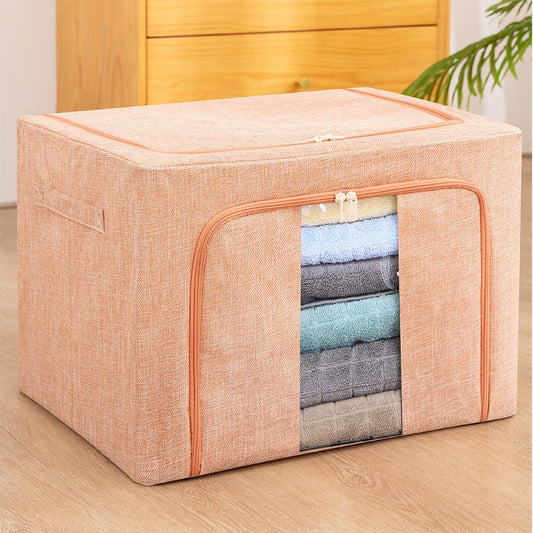 Cutie de Depozitare Pliabila, selexmo, 66 L, din Bumbac si In, 50x40x33 cm, Fereastra Frontala, 2 Usi de Acces cu Fermoar Bidirectional, Cadru Metalic, Suport Baza Stabil din Plastic, Roz Pudrat
