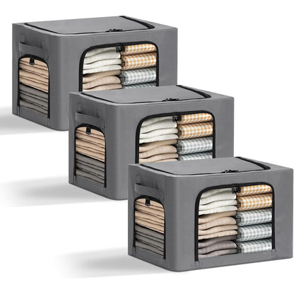 Cutie de Depozitare, selexmo, cu 3 Ferestre cu Fermoar Bidirectional, Cadru din Otel, Impermeabil, 38L, 42 x 30 x 30 cm, Gri Inchis
