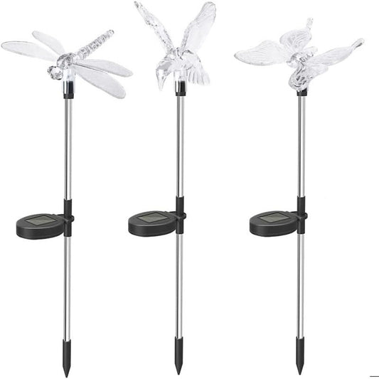 Set 3 Lampi Solare LED tip pasare-fluture-libelula, Inaltime 43 cm, Selexmo, Multicolor