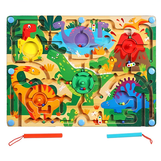 Joc Montessori de Sortare Culori, Selexmo, Creion Magnetic, Tip Labirint Ilustrat, din Lemn, Model Dinozauri, 39x29x1.5 cm