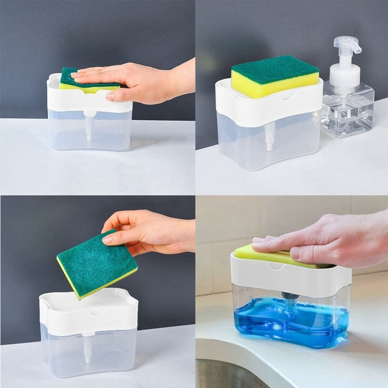 DOZATOR, DISPENSER 2 IN 1 PENTRU DETERGENT LICHID DE VASE SAU PENTRU OBIECTE SANITARE CU SUPORT PENTRU BURETE DE BUCATARIE , 380 ML