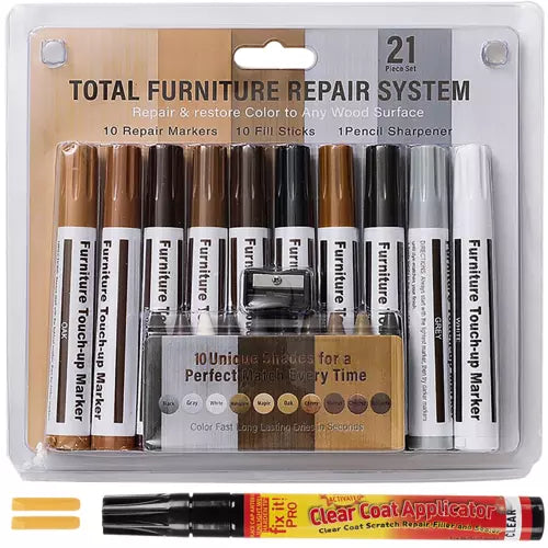 Set Profesional Selexmo® pentru Reparatii Mobila si Parchet 21 buc  - 10 Markere, 10 Creioane de Ceara, 1 Ascutitoare, 1 Marker Transparent