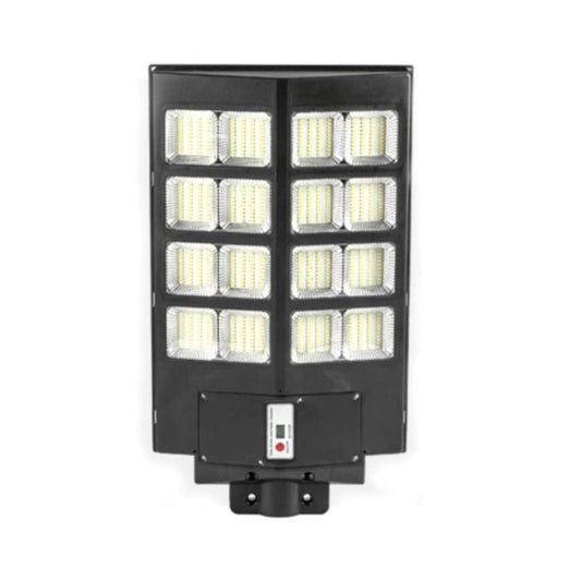 Lampa solara stradala Selexmo, cu telecomanda, senzor de miscare si lumina, suport prindere, 640 LED-uri, IP65, ABS, 20AH, 400W, temperatura culoare 6500K, 59.7x34.8x7.2 cm, autonomie 10-12 ore, negru