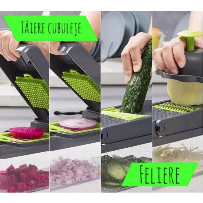 Feliator Multifunctional, Razatoare, 8 in 1, pentru Fructe si Legume, 10 Piese, Lame de Inox, Recipient Stocare, Separator Oua, Protectie Mana, ABS, 67.5x38.5x49.5 cm