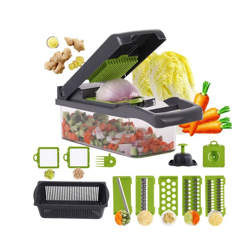 Feliator Multifunctional, Razatoare, 8 in 1, pentru Fructe si Legume, 10 Piese, Lame de Inox, Recipient Stocare, Separator Oua, Protectie Mana, ABS, 67.5x38.5x49.5 cm